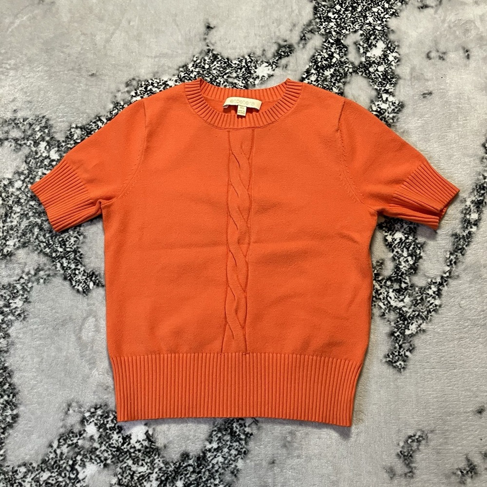 Etcetera Womens XS Orange Cable Knit Short Sleeve Sweater Pullover